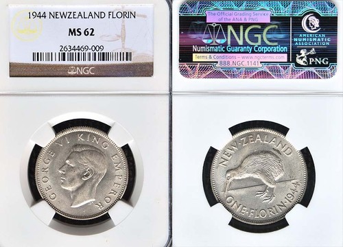 New Zealand 1944 Florin, Rare Key Date, NGC 62 PQ Superb Grade. Small Population - Picture 2 of 2