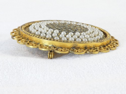Ancienne Broche vintage en métal doré bakelite incrustation brillant perle - Picture 6 of 7