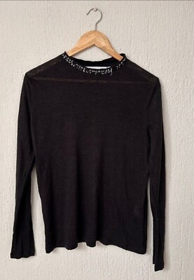 Iro Linen Long-Sleeved Dark Gray Followers Mock Neck Blouse, Size S