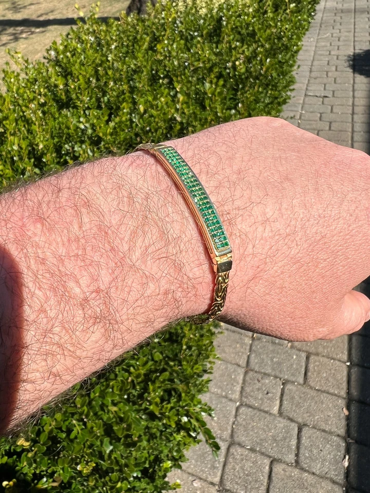 Men Presidential ID Bracelet 14k Gold Plated Silver Iced Green Gemstone Hip Hop Foto 3 de 4