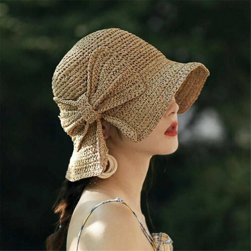 Women Vintage Fashion Folding Straw Bucket Hat Braid Summer Beach Sun Hat  w/ Bow