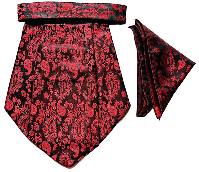 Black burgundy Men Silk Cravat+POCKET SQUARE Scarf Ascot Tie PARTY-PRE  STITCHED
