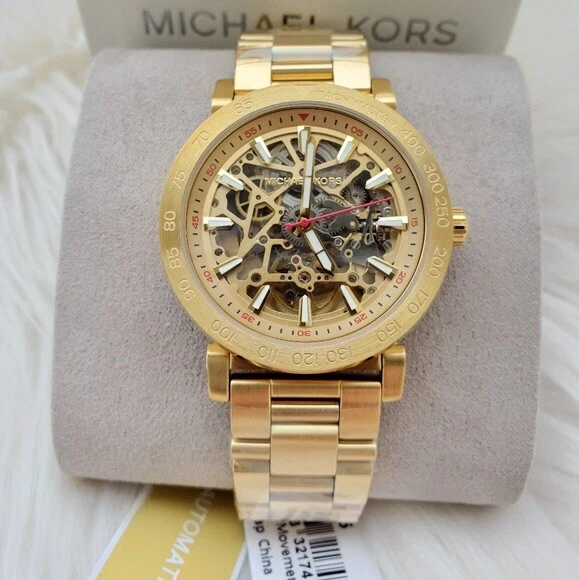 NEW Michael Kors Greer Gold Mens Automatic Skeleton Watch MK9035 