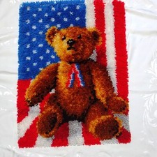 Latch Hook Rug Americana Patriotic Teddy Bear Red White Blue Hand Crafted