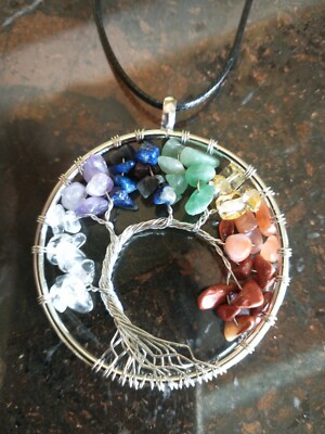 Pendant Necklace Natural Gemstone Tree of Life Crystal Charm 16+