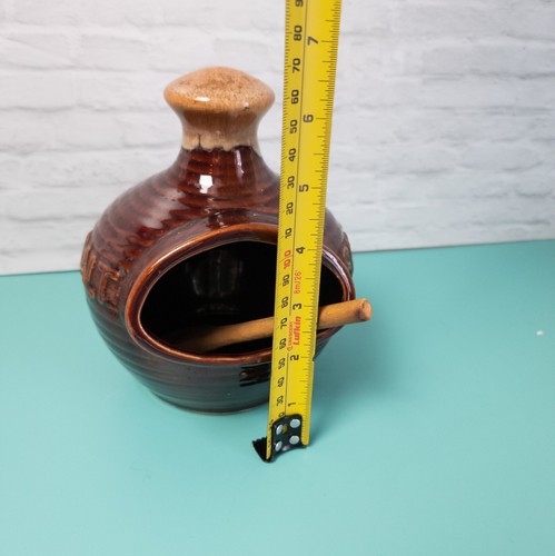 Retro Drip Glaze Stoneage Taiwan Salt Pig Cellar Wooden Spoon Brown Vintage - Picture 7 of 9