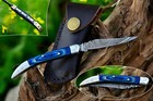 Texas Toothpick Handmade Damascus Steel Folding Pocket Knife "Blue Wood Handle"