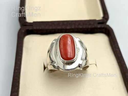 Mens Natural Red Coral Ring Size 9 Handmade Rings 925 Sterling Silver Merjaan - Picture 3 of 7