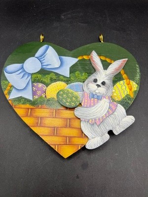 Easter Bunny Rabbit 3D Wooden Heart Shaped Hand Painted Folk Art Wall Decor