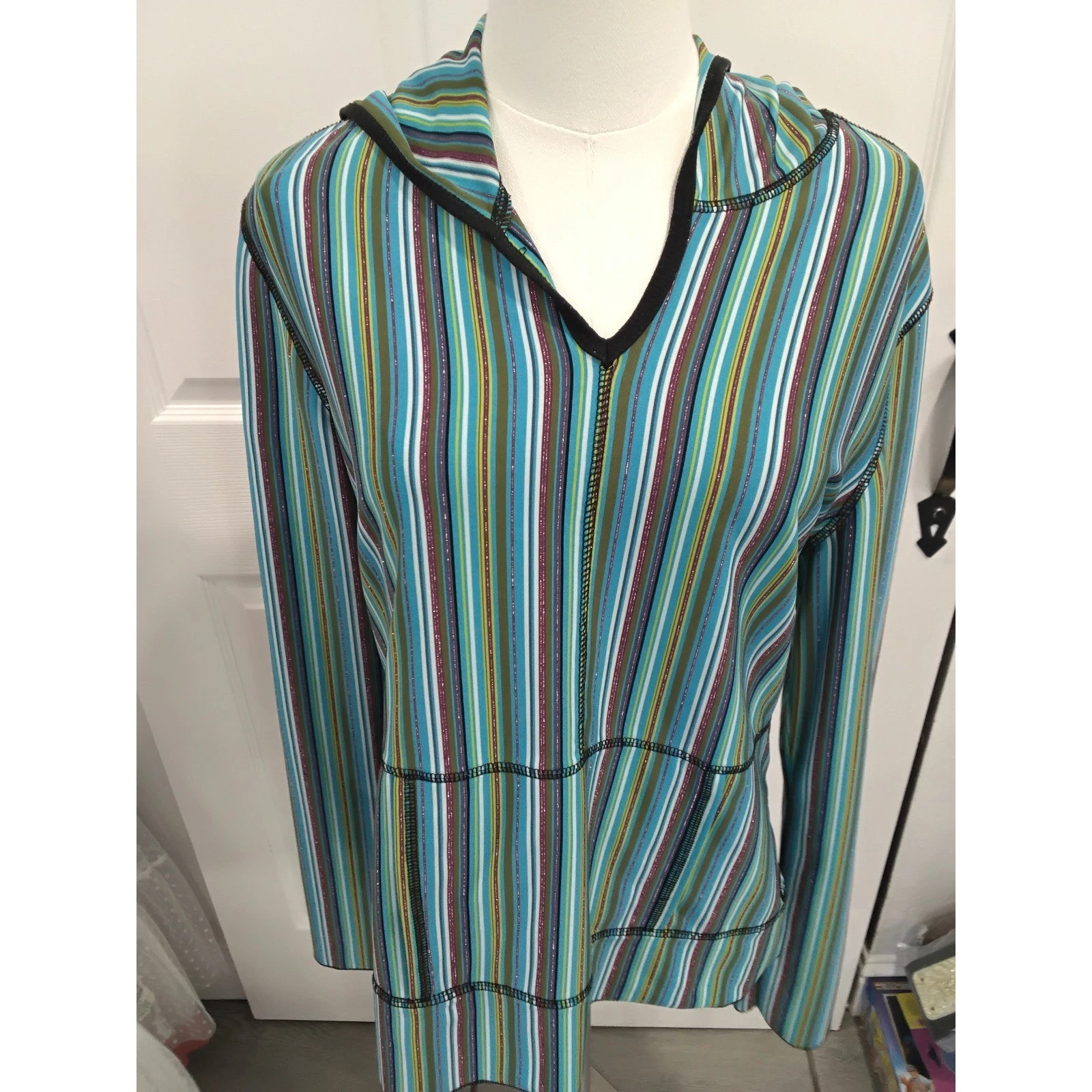 Athleta Womens Striped Glitter Hoodie Long Sleeve Pullover Blue Green Large