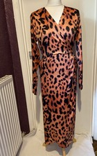 Dancing Leopard Yondal Animal Print Satin Wrap V Neck Midi Dress UK 12