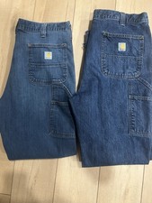 2 Carhartt Relaxed Loose Fit Straight Blue Denim Jeans 5-Pocket Button Men's