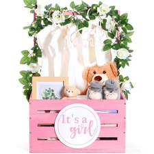 Barydat Wooden Baby Shower Crate Closet Gift Basket Wood Storage Pink 