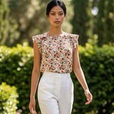 LOFT Outlet Floral Ruffle Sleeve Blouse XS Wh...