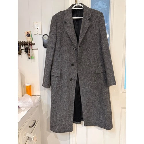 Adams Row Mens Grey Herringbone 100% Pure Wool Overcoat Long Trench Coat USA - product listing photo