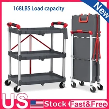 Portable Folding Service Cart, 3 Tier Folding Utility Cart, Collapsible Cart