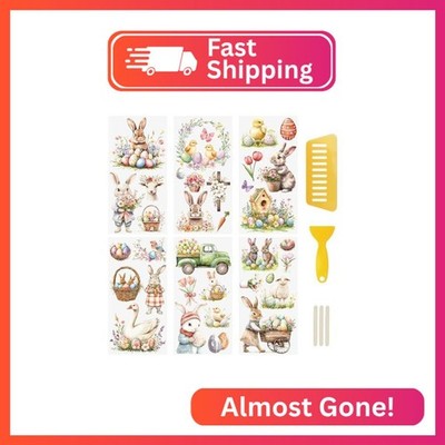 WANDIC 6PCS Easter Theme Rub On Transfer Stickers, Animals Flowers Transfer Deca