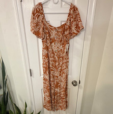 Luxology Tropical Smocked Square Neck Midi Sundress S Brown/White Puff Sleeve