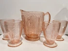 Vtg Pink Cherry Blossom Pattern Depression Glass Water Pitcher 4 Glasses