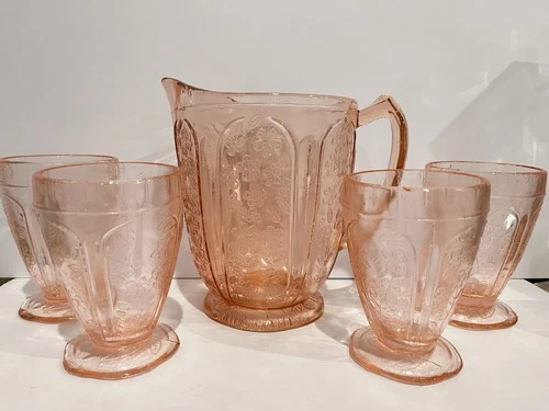 Vtg Pink Cherry Blossom Pattern Depression Glass Water Pitcher 4 Glasses