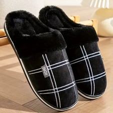 Men's Large Plaid Home Slippers Warm Plush Memory Cotton Winter Slides Shoes