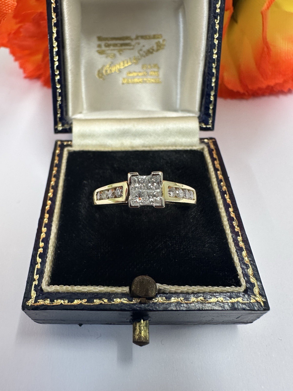 Diamond 18ct Gold Princess Cut Ring W/ Diamond Shoulders. Size M