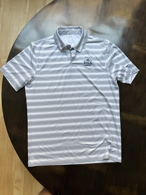 Nike Dri-FIT Men s M White/Gray Striped PGA Golf Short Sleeve Polo Shirt