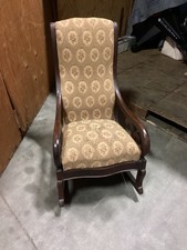 Antique Wooden Rocking Chair Floral Upholstered Brown Fabric Very Nice Condition