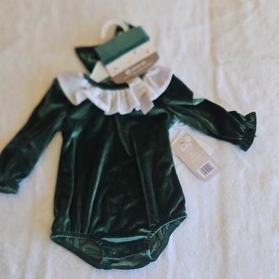 Baby Starters Green Velvet Long Sleeve Romper 9M Ruffle Accent