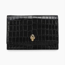 Alexander McQueen Black Croc Embossed Shoulder Bag Gold Chain Skull Accent