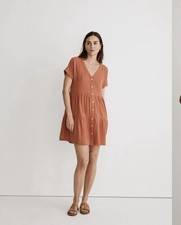 Madewell Lightspun Cuff Sleeve Button Front Tiered Dress Orange V Neck Medium