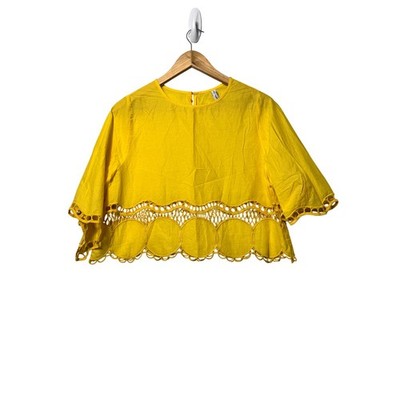 Mango MNG Women Yellow Crochet Hem Crop Top Blouse S-4 Small Short Sleeve Boho