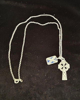 VTG Sterling 925 CELTIC CROSS & SCOTTISH FLAG Pendant Necklace 20.25''L - 7.9G