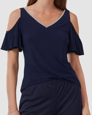 MSK Women's Blue Embellished-Neck Stretch Cold-Shoulder Top Size M