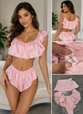 True VTG 70 s Silky Fredrick s Of Hollywood 2Pc Satin lingerie Ruffled Cami M/L