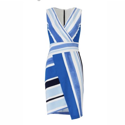 Vintage Donna Morgan Blue Striped Sun Dress (6) Asymmetrical hem -Fully Lined