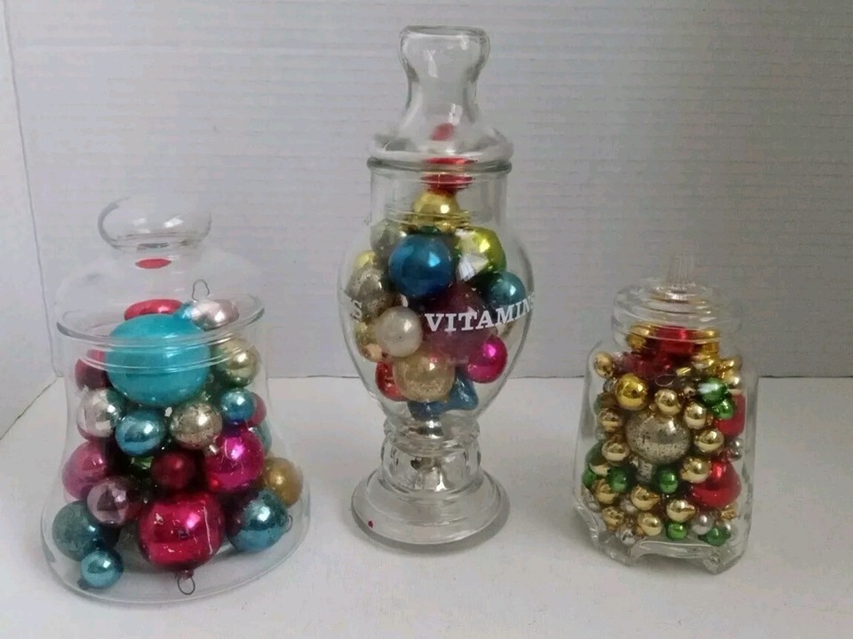 Vintage Glass Jar Trio with Miniature Glass Ball Ornaments Lot Holiday