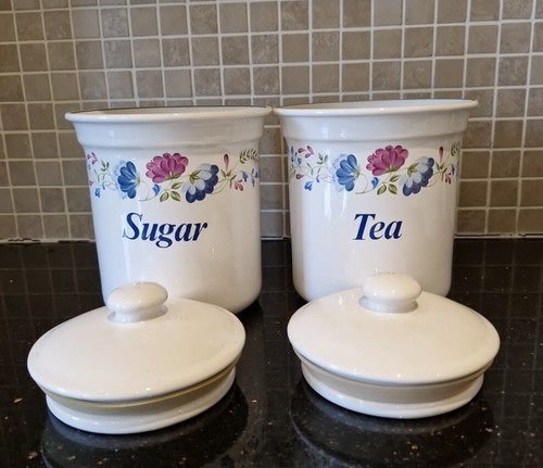BHS Priory tea/sugar Jars Canisters with Lids Blue Floral Tableware - Picture 4 of 6