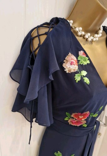 Karen Millen Navy Blue Sequin Frill Fit & Flare Occasion Dress UK 10 RRP £350 - Picture 8 of 20