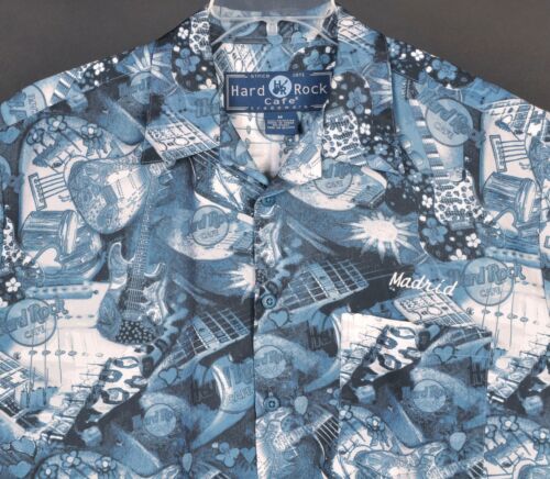 Hard Rock Cafe Madrid S/S Camp Hawaiian Shirt Mens M Guitars Drums Aloha - Picture 3 of 5