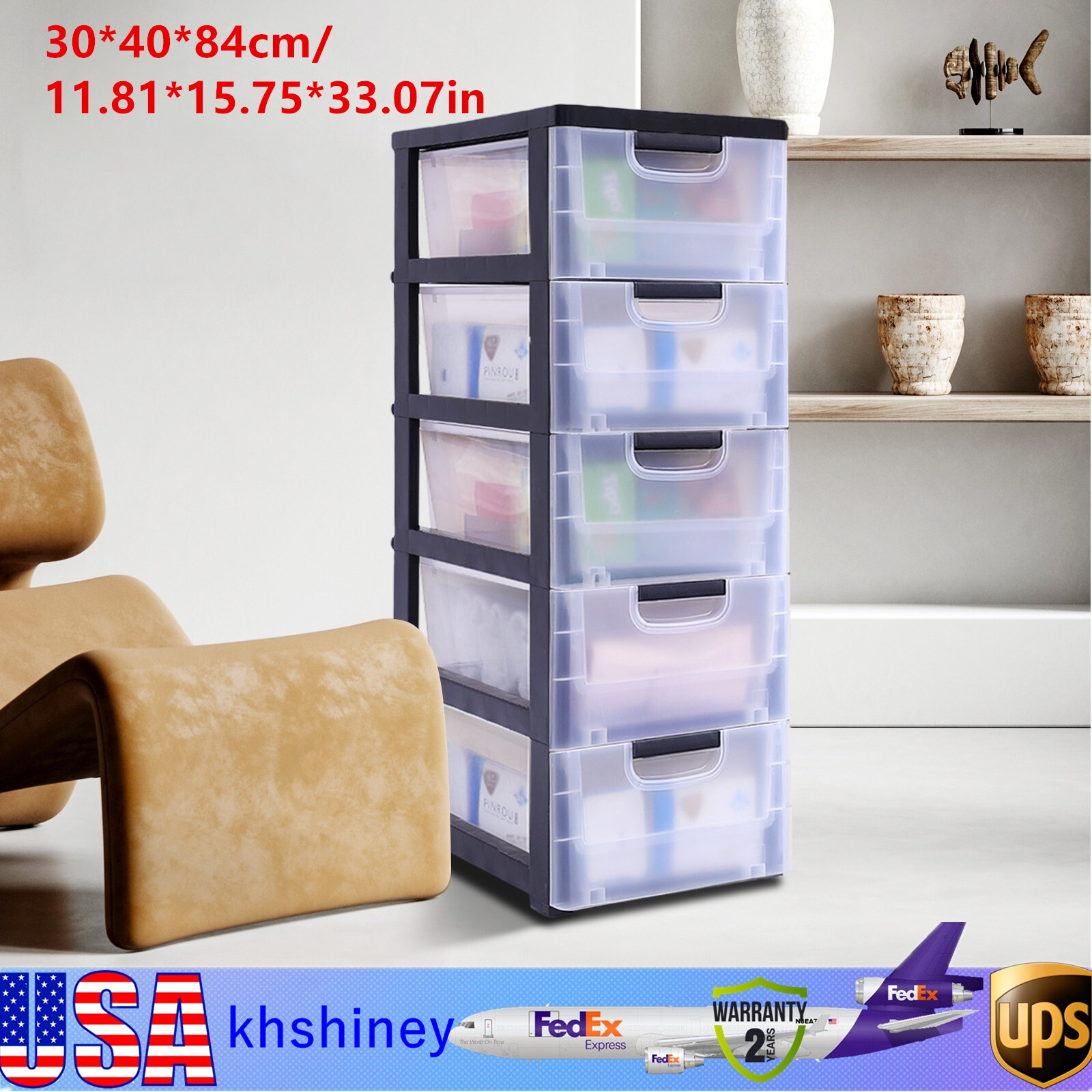 Large Storage Cabinet w/4 Wheels Stackable Transparent Organizer 5 Drawers