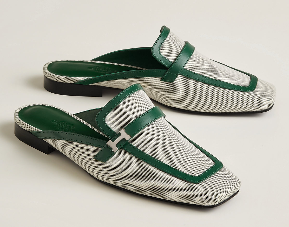 Hermes Groupie Mule Cactus Green Leather Canvas Backless Mule