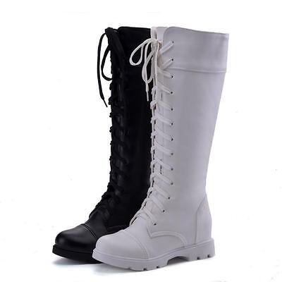 Details about   Punk Gothic Military Knight Women's Leather Round Toe Lace Up Knee High Boots 