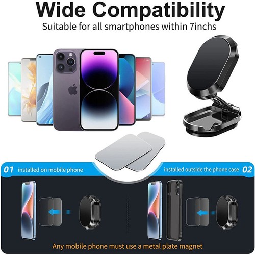 Metal Mount Stand Folding Car Phone Holder Magnetic Universal 720° Rotate Magnet - Photo 9 sur 16