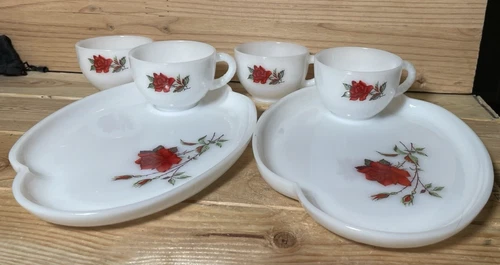 Federal Milk Glass Rosecrest  2 Piece Snack Set Rose Pattern with 2 extra cups