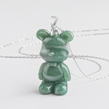 Green Myanmar Jadeite Bear Pendant Necklace 925 Silver Burmese Jade