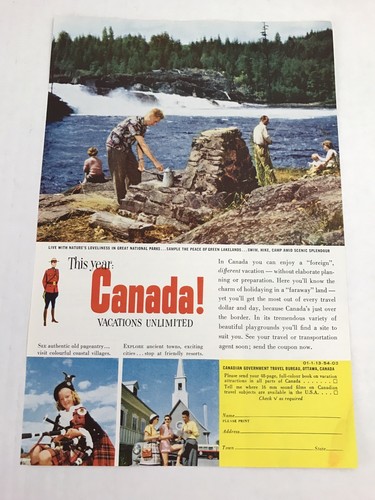 Canada Vacations Unlimited Vtg 1954 Print Ad Art Travel - Picture 1 of 3