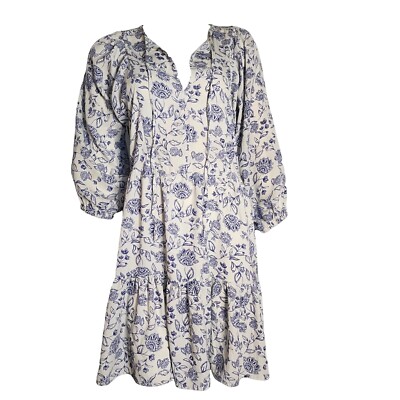 Studio B Dress Womens Size M Medium Off White Blue Floral Pullover 3/4 Sleeve