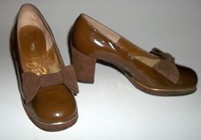 60s Vtg Brown Patent Leather  Suede Heel Bow Gold Trim Johansen Pumps Shoes Sz4