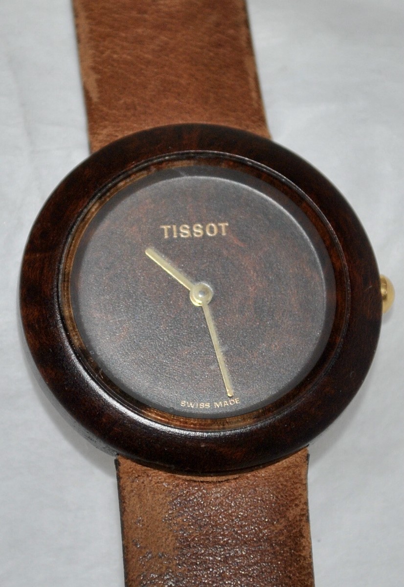 Vintage Tissot WoodWatch Dark Wood Case Dark Brown Leather Band